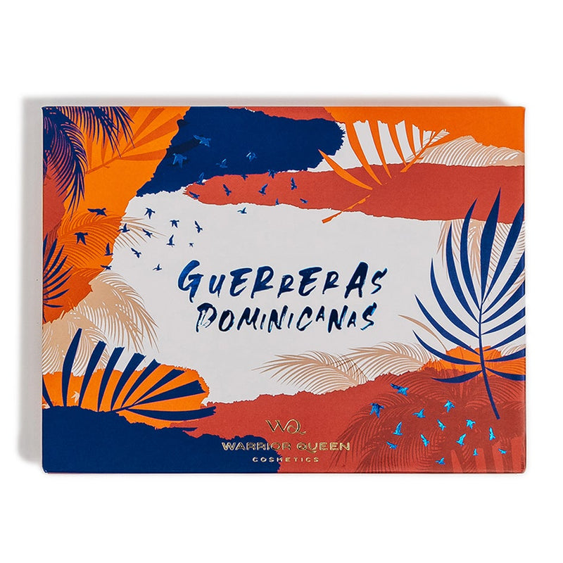 Guerreras Dominicanas eyeshadow makeup palette cover with blue, orange, and red palm tree and birds illustration.