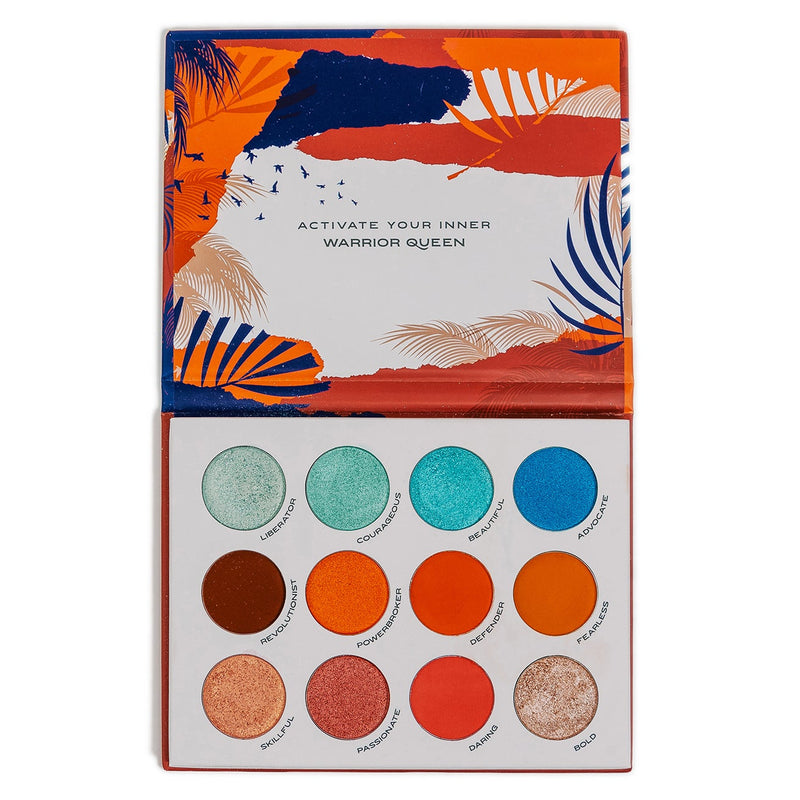 Inside view of Guerreras Dominicanas eyeshadow palette shows the phrase “activate your inner warrior queen” and it's 12 colors: Liberator, courageous, beautiful, advocate, revolutionist, powerbroker, defender, fearless, skillful, passionate, daring and bold.