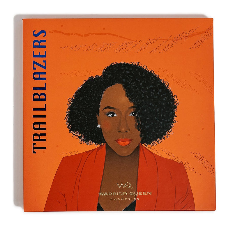 Trailblazer eyeshadow makeup palette with Illustration of Warrior Queen Cosmetics Co-Founder Angelica Ogando on the cover